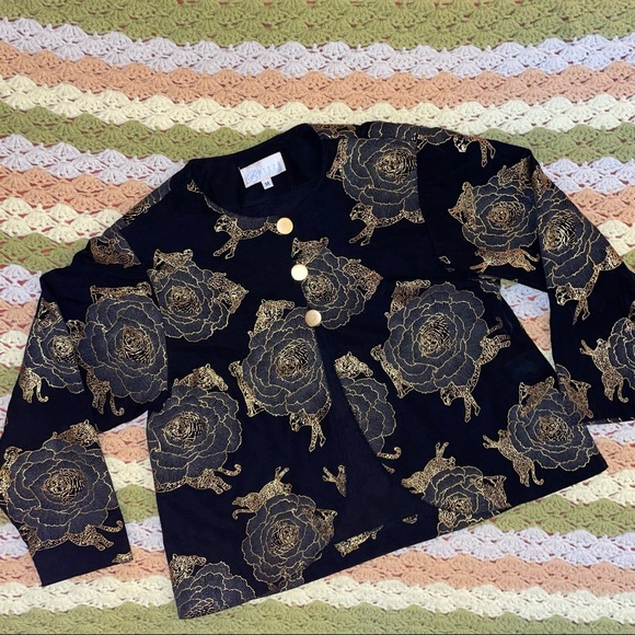 Sweaters - Embroidered Black Gold Jungle Cat Cardigan Vintage